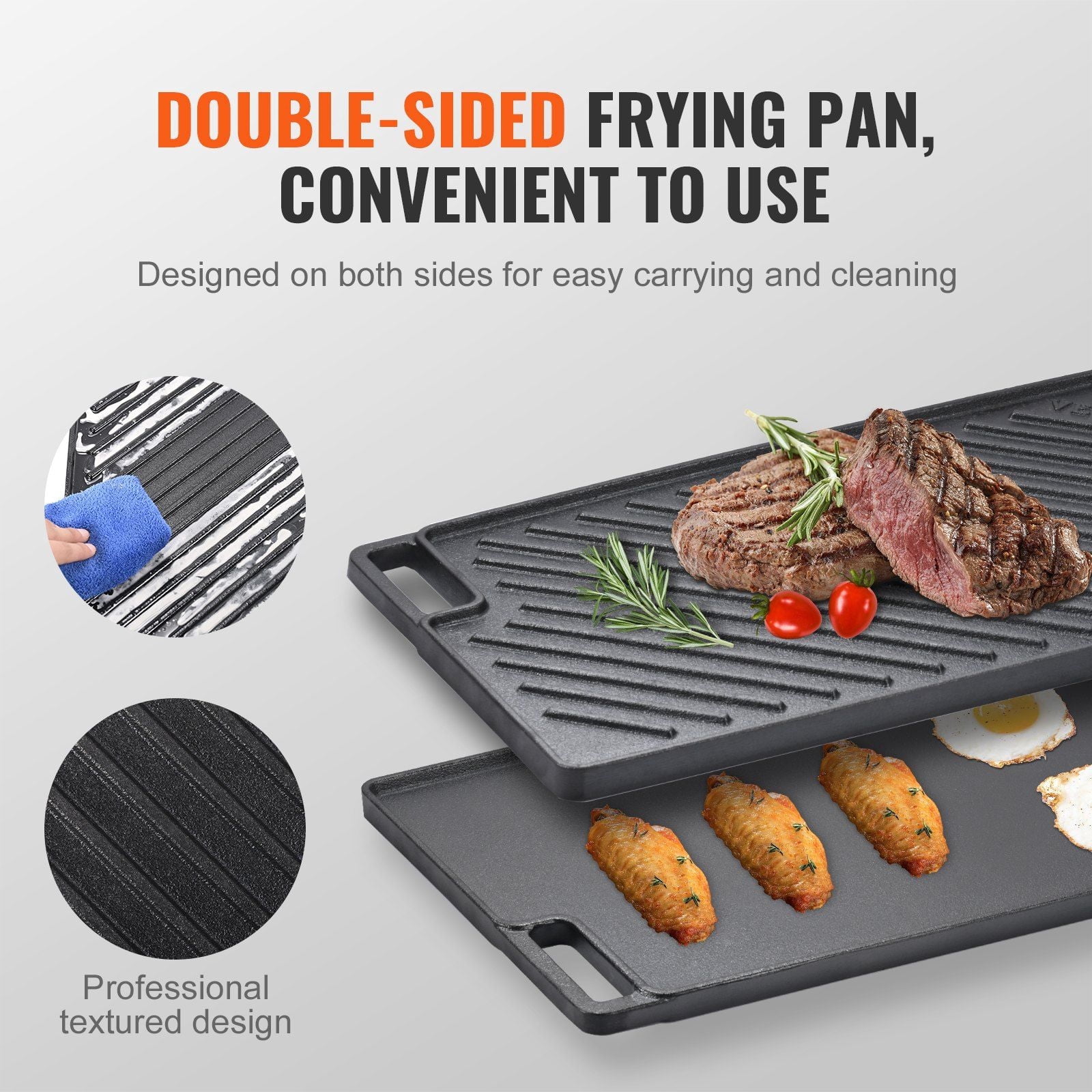 Reversible Cast Iron Griddle, 9.7"x16.7" Pre-Seasoned Double Burner Griddle Pan, Non-Stick Flat Top Grill for Stove, Gas Grill & BBQ, Family Size Cookware with Handles