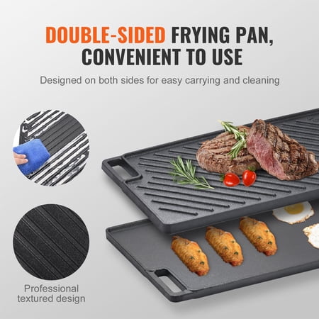 Reversible Cast Iron Griddle, 9.7"x16.7" Pre-Seasoned Double Burner Griddle Pan, Non-Stick Flat Top Grill for Stove, Gas Grill & BBQ, Family Size Cookware with Handles