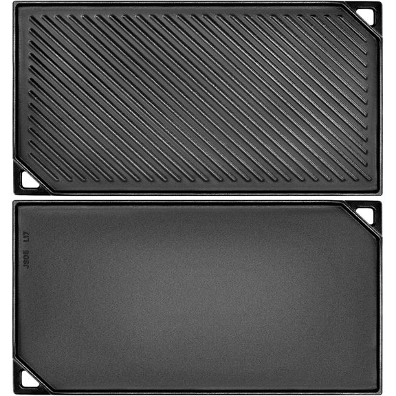 Reversible Cast Iron Griddle, Double-sided Griddle Pan for Stove Tops, Gas Grills and Outdoor Cooking, 16.5 x 9.5 Baking Flat and Ribbed Griddle Plate