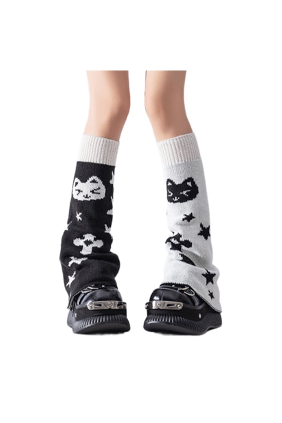 Reversible Cats Print Long Leg Warmers Harajuku Punk Knit Footless Flared Socks