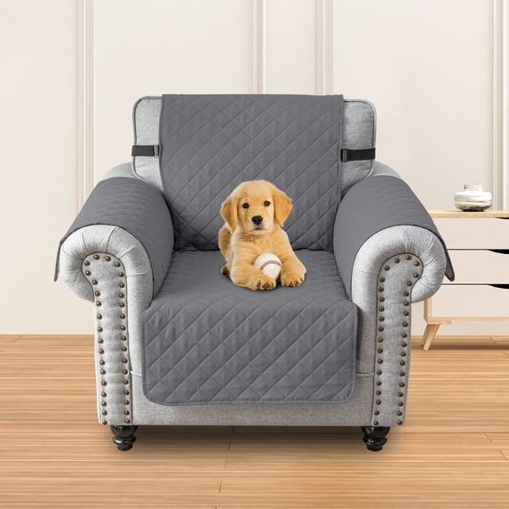 Reversible Chair Cover, Waterproof Pet-Friendly Quilted Sofa Slipcover for 1-Seater Couch, Non-Slip Furniture Protector with Elastic Straps, Grey