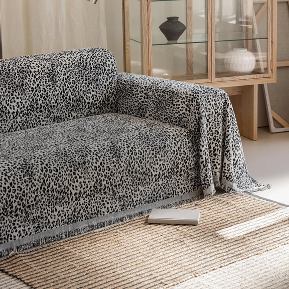 Reversible Chenille Couch Cover for 3 or 4 Seater Sofas Black Leopard Sofa Slipcovers Boho Sofa Cover Sectional Couch Cover Washable with Tassels  Couch Protector for Dogs,Pets 71"x150"