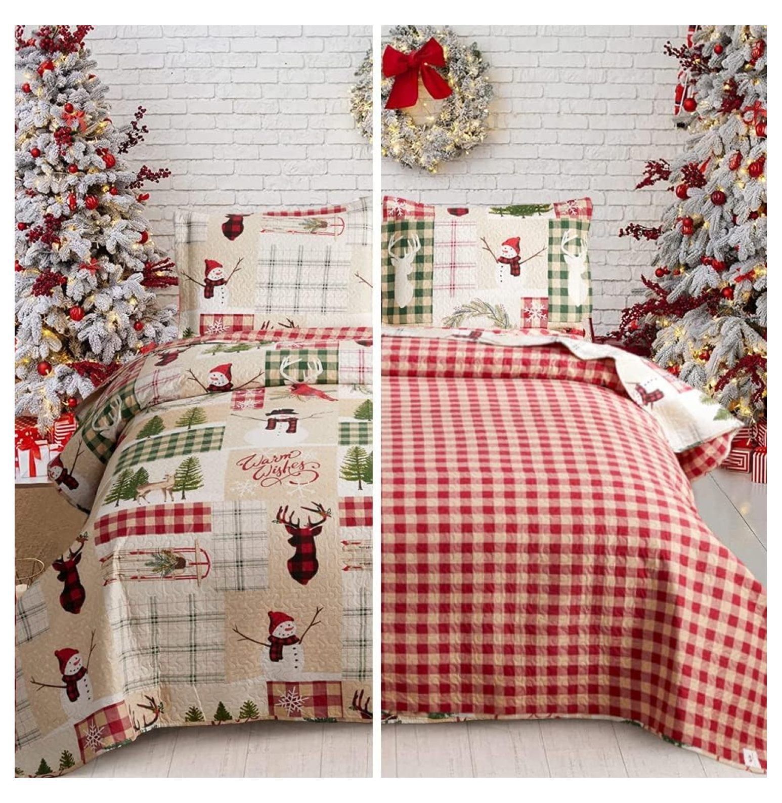 Reversible Christmas Reindeer Quilts Full/Queen Size Xmas Snowmen Bedspread Plaid Coverlet New Year Gift Red Green Holiday Bed Set
