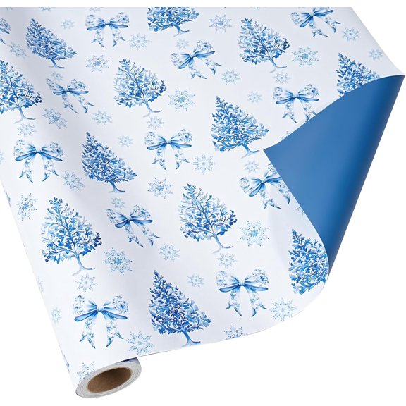 Reversible Christmas Wrapping Paper - 17 Inch X 33 Feet (46.7 sq. ft. ttl.) - Holiday Trees and Bow Design Perfect for Xmas, Party, Holiday Gift Wrap