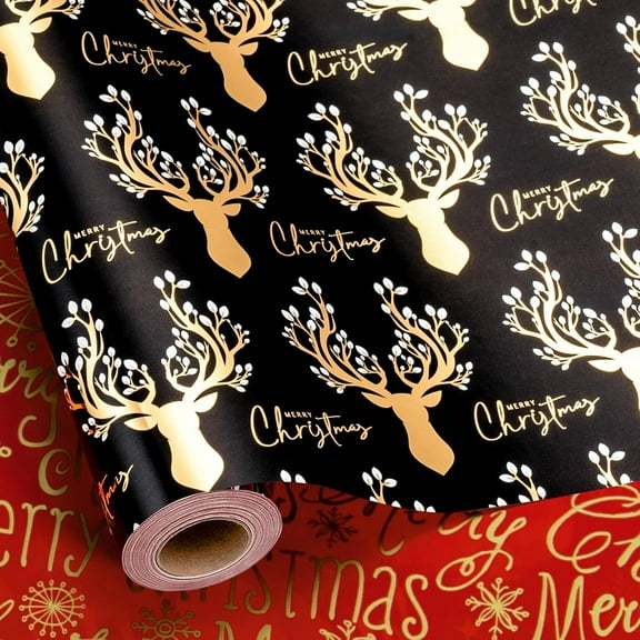 Reversible Christmas Wrapping Paper Roll, Black and Gold Wrapping Paper, Vintage Gold Deer Antlers Christmas Gift Wrap with Metallic Shine for Winter Holiday, Craft Supply (17 Inch X 33 Feet)