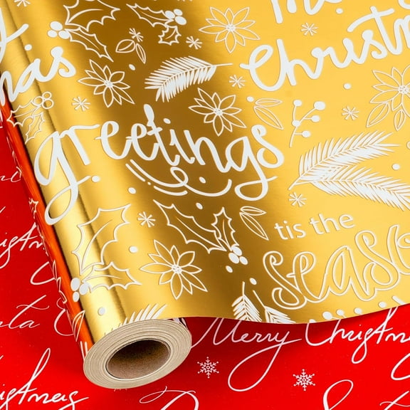 Reversible Christmas Wrapping Paper Roll, Gold Wrapping Paper, Metallic Foil Shiny Modern Script, Holly, Merry Christmas Gift Wrap for Holiday, Party, Winter Celebrations (17 Inch X 33 Feet)