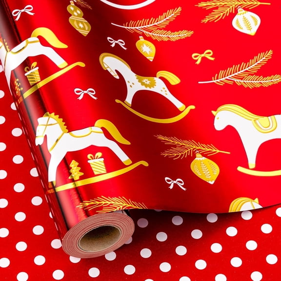 Reversible Christmas Wrapping Paper Roll, Red Foil Wrapping Paper, Red Rocking Horse Holiday Gift Wrap, Festive Present Packaging for Winter Celebrations, Seasonal Decor (17Inch x 33Feet)
