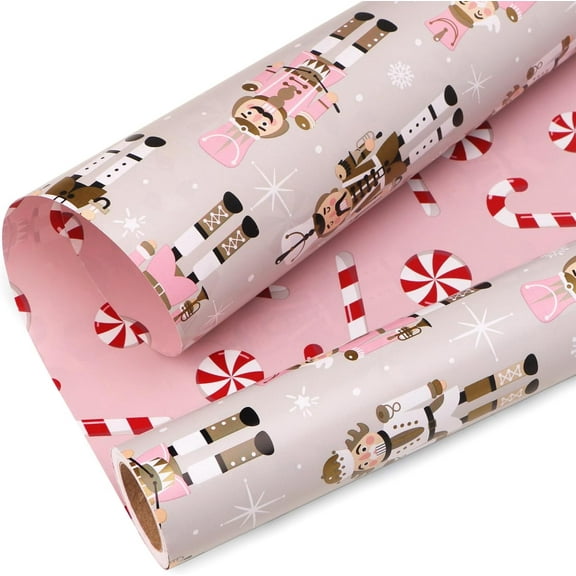 Reversible Christmas Wrapping Paper Rolls, Nutcracker and Candy Cane Pink Gift Wrapping Paper-17 Inch x 33 Feet