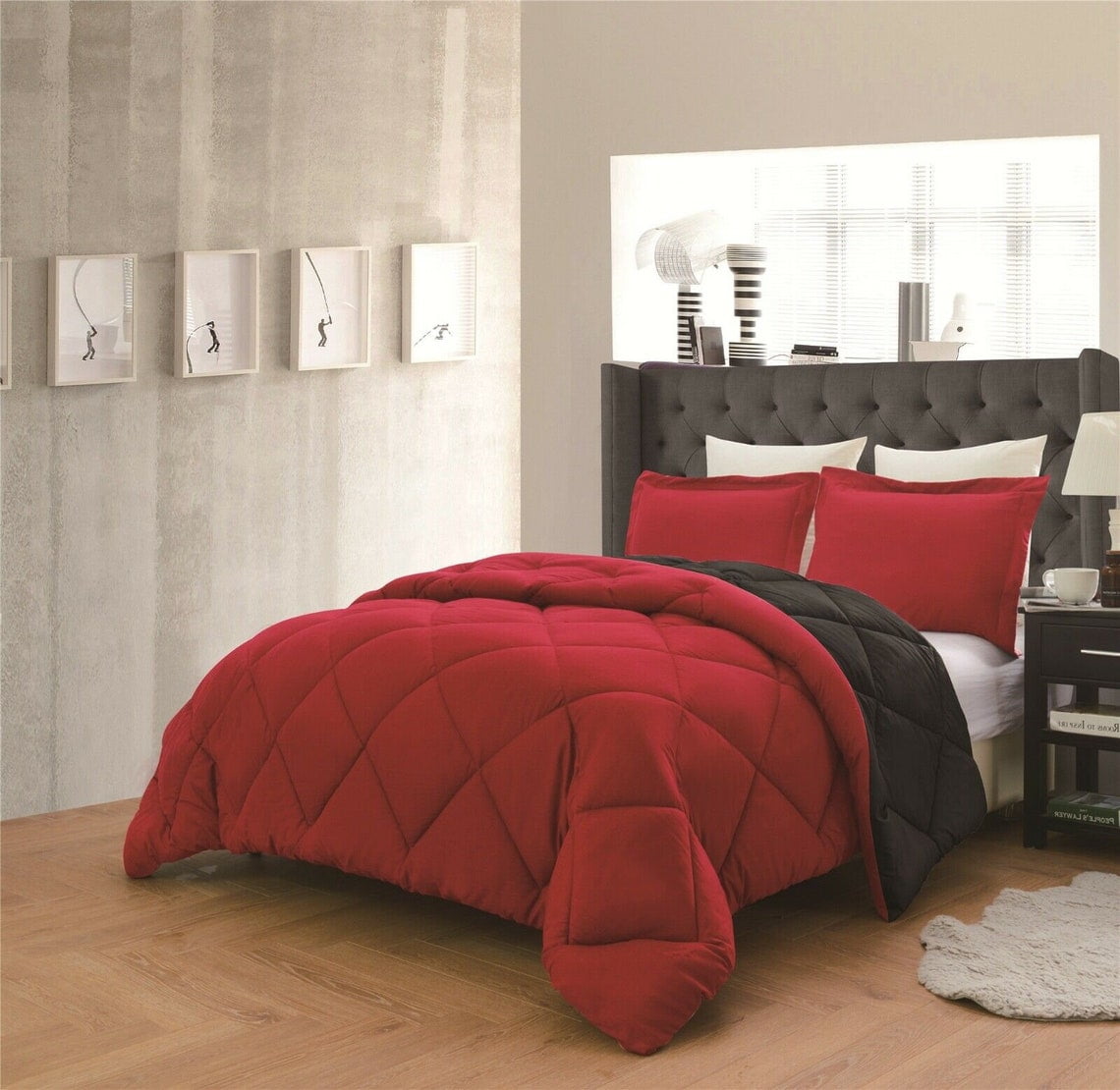 Reversible Comforter and Pillow Shams 3-Piece Set In All Colors - Down Alternative