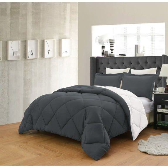 Reversible Comforter and Pillow Shams 3-Piece Set In All Colors - Down Alternative