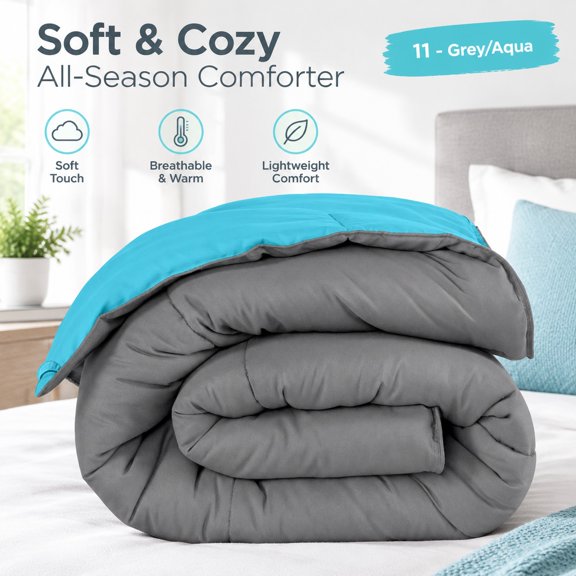 Reversible Comforter for Queen Bed, Grey and Aqua Color Bedding Set