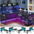 thumbnail image 1 of Reversible Computer Desk with LED Strips&Power Outlets, L-Shaped Office Desk with Storage Shelf/Pegboard for Bedroom, Writing Desk for Home Study, Black, 1 of 9