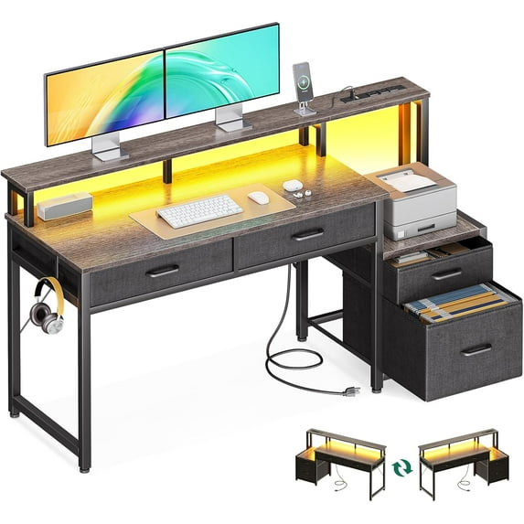 Reversible Computer Desk with LED Lights, Office Workstation Featuring Storage Drawers and Power Outlet