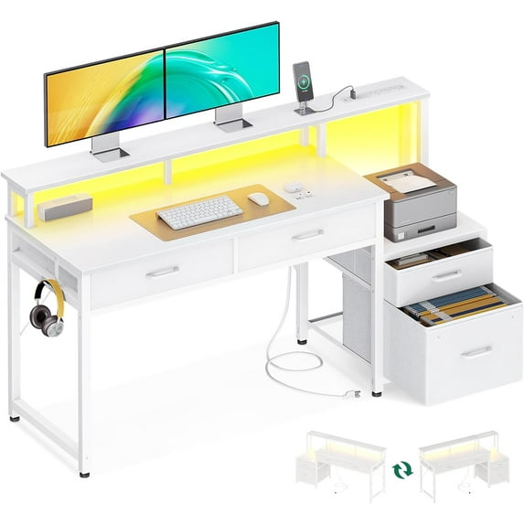 AODK 55-Inch Computer Desk with Fabric File Cabinet and Fabric Drawers, Reversible Office Desk with LED Strip and Power Strip, Gaming Desk with Monitor Riser, Writing/Study Table for Home, White