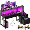 thumbnail image 1 of Reversible Computer Desk with LED Lights, Office Workstation Featuring Storage Drawers and Power Outlet, 1 of 16