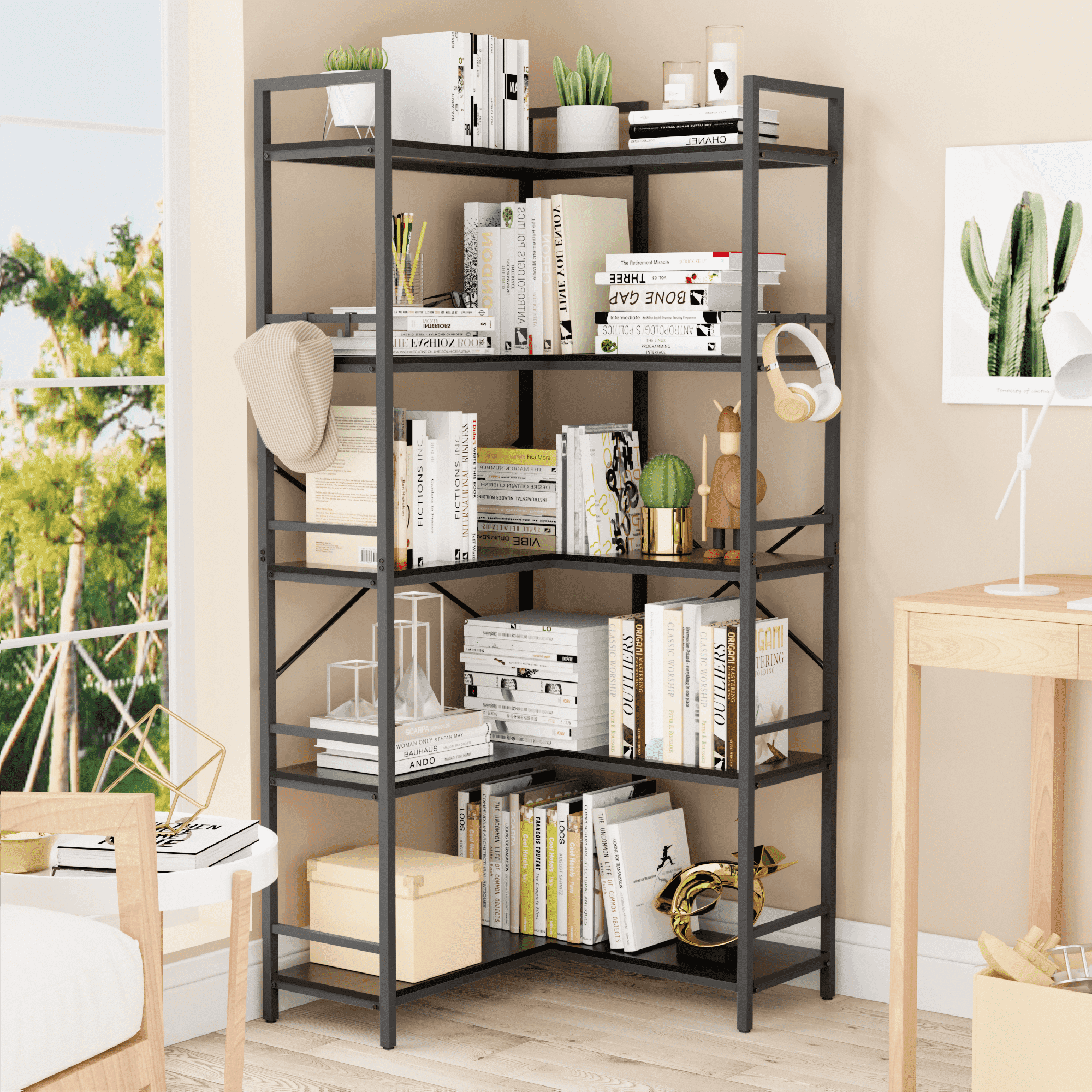 Reversible Corner Bookshelf 5 Tier with 4 Hooks, 65