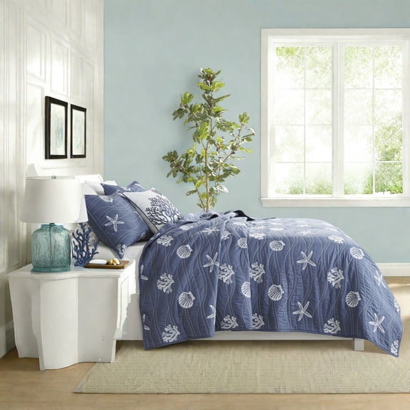 Reversible Cotton Bedding Set Navy King/Cal King with Embroidered Coastal Design