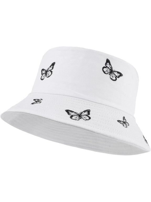 Reversible Cotton Butterfly Embroidered Bucket Hat for Women and Men, Foldable Packable Beach Sun Hat, One Size-white-m