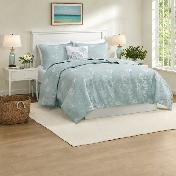 Reversible Cotton Embroidered Bedding Set Coastal Aqua King/Cal King Hypoallergenic Prewashed