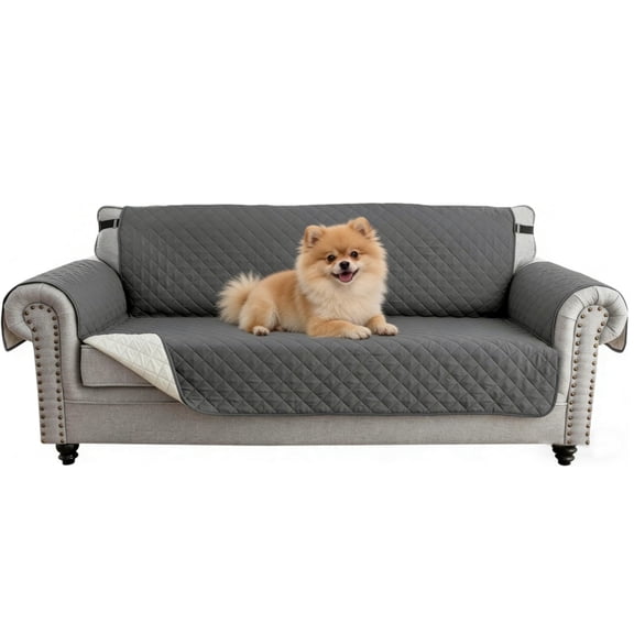 Reversible Couch Cover Waterproof, Loveseat Sofa Cover Non-Slip Furniture Protector with Elastic Straps, Pockets Washable Sofa Slipcover for Kids, Dogs, Pets(60", Dark Grey)
