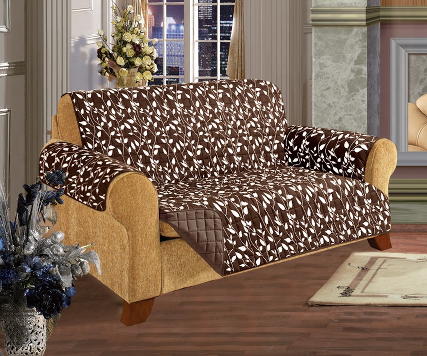 Reversible Cover Furniture Protector Anti-Slip Water Resistant 2 inch Wide Elastic Love Seat, Chocolate Brown