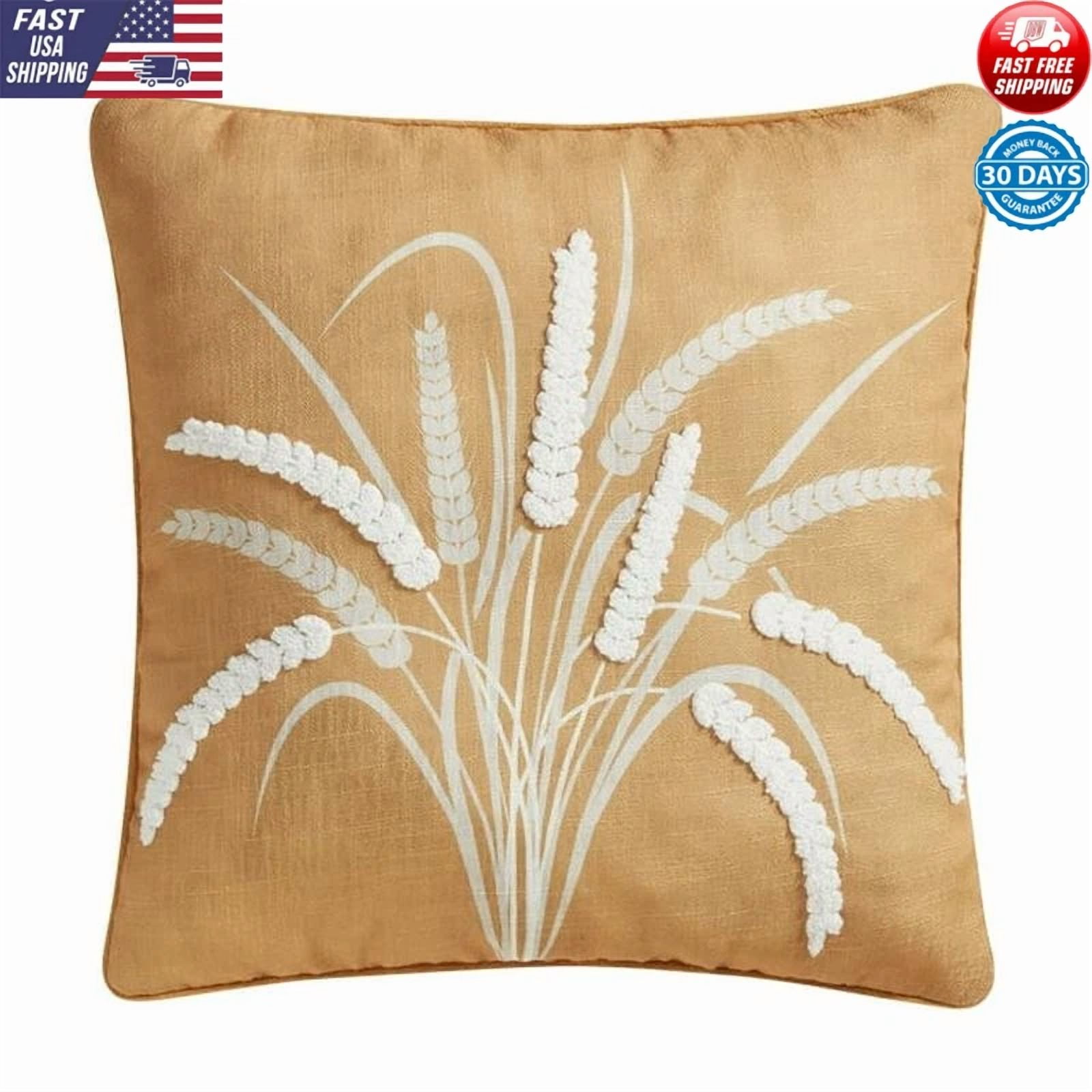 Reversible Decorative Pillow Embroidered Wheat Gingham Fall Accent Cushion New