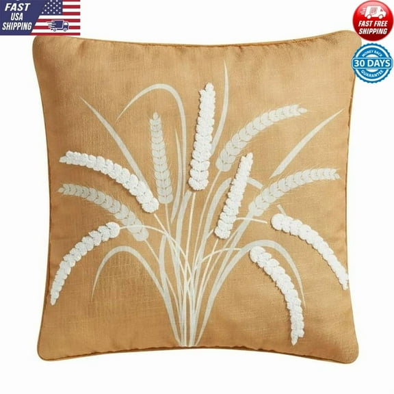 Reversible Decorative Pillow Embroidered Wheat Gingham Fall Accent Cushion New