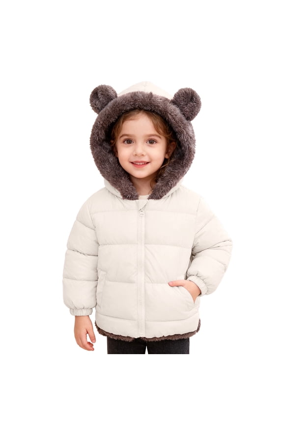 Reversible Double Thickened Hooded Jacket for Girls Warm Winter Coat with Bear Ears Soft Outerwear Toddler Youth