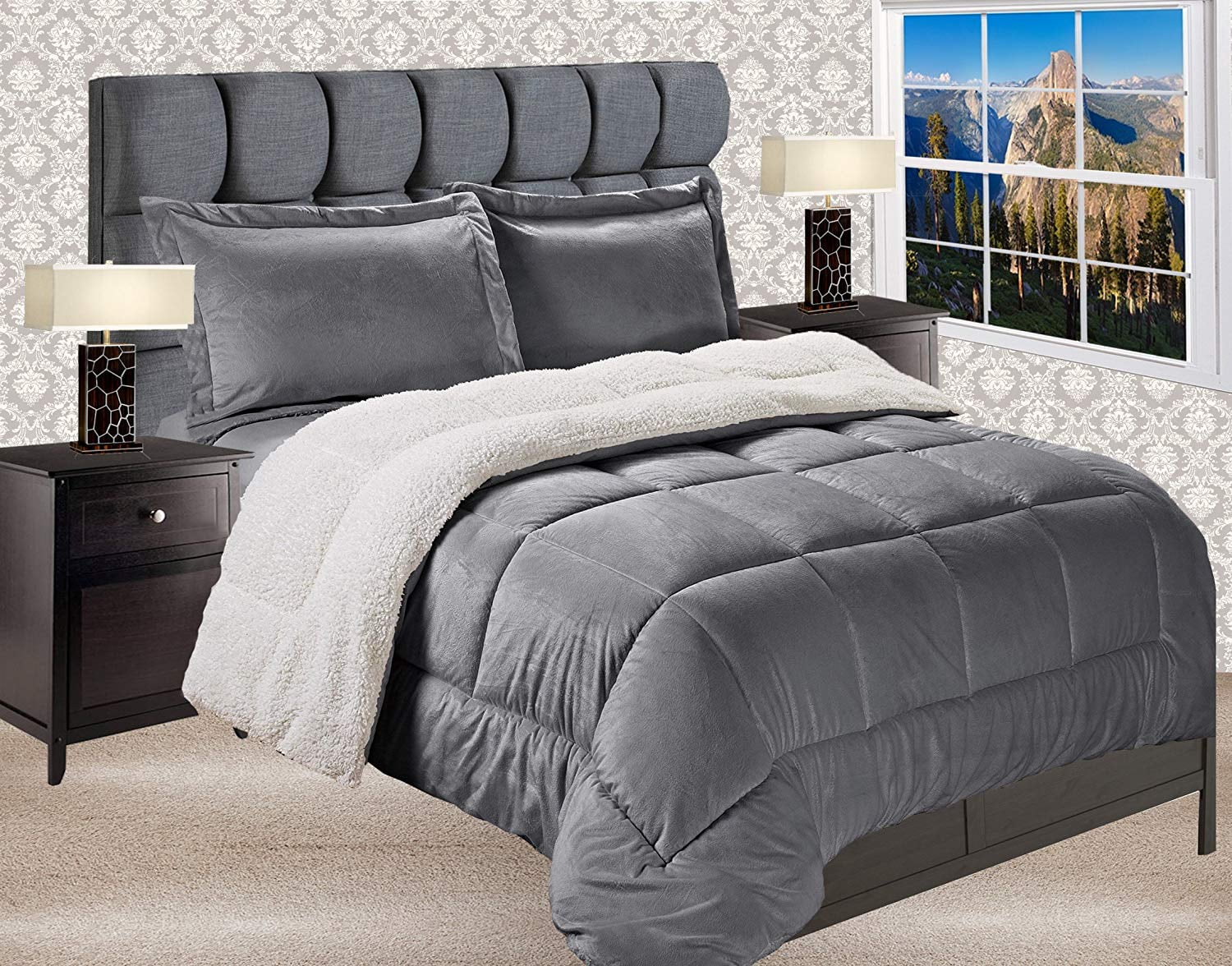 Reversible Down Alternative Micro-Suede 3-Piece Comforter Set Queen Grey