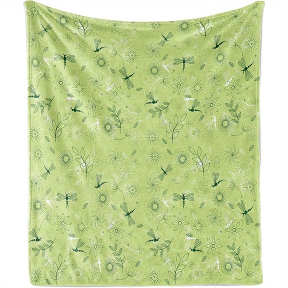 Reversible Dragonfly & Floral Throw Blanket - Mint Green Beige Leaf Pattern, 280gsm All-Season Luxury Bedspread, Machine Washable Sofa Cover & Modern Home Decor