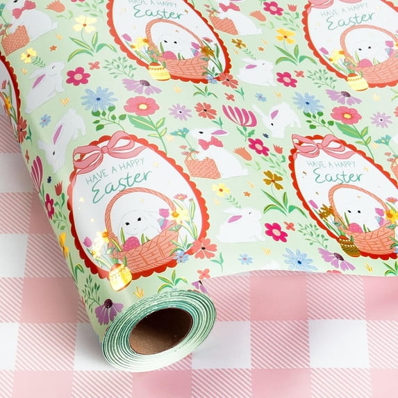 Reversible Easter Wrapping Paper Roll - 17 Inch x 33 Feet - Lovely Bunny & Vibrant Spring Garden Design with "Have a Happy Easter" Text Perfect for Easter Gifts, Party Decor, and Holiday Celebrations