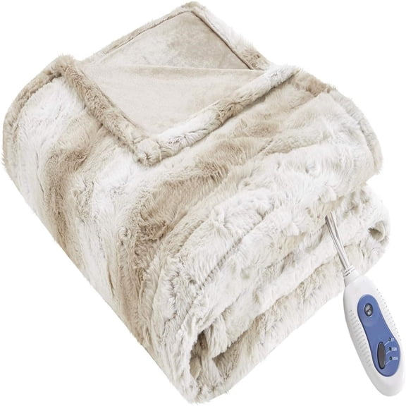 Reversible Faux Fur to Mink Electric Blanket, Auto Shut Off, Virtually Zero EMF, Multi Heat Setting,Machine Washable, Sand Tip Dye Throw 50x70