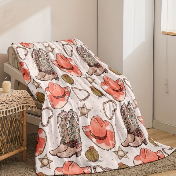 Reversible Flannel Blanket - Western Cowboy Hats & Boots with Hearts Stars, Soft Pink Beige All-Season Cozy Throw, Machine Washable Gift Home Decor