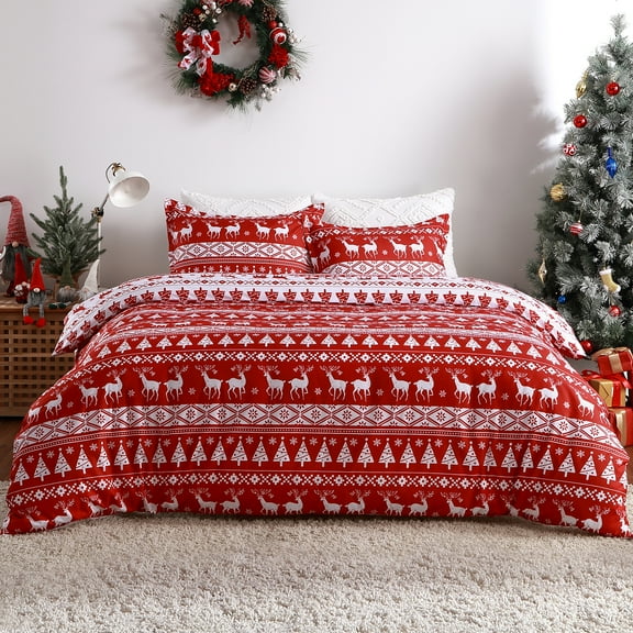 Reversible Flannel Christmas Duvet Cover Queen/King Set | Double Sided Print with 2 Pillow Shams | Wrinkle & Fade Resistant Holiday Bedding for Cozy Winter Nights
