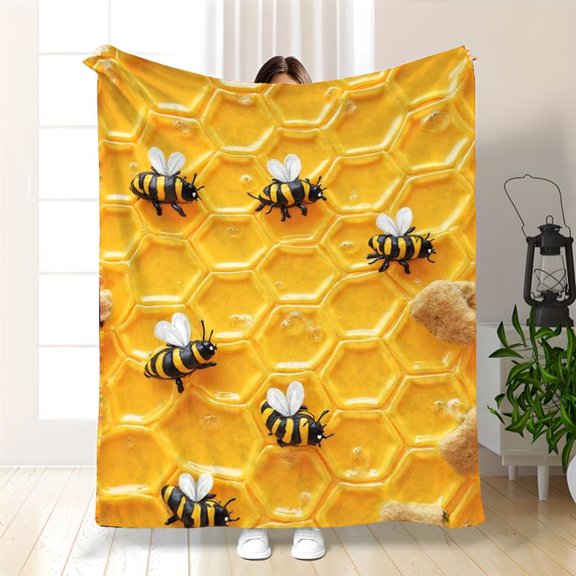 Reversible Flannel Throw Blanket, Bee Honeycomb Print, Heavyweight Soft Cozy, Machine Washable All-Season, for Sofa Bed Camping