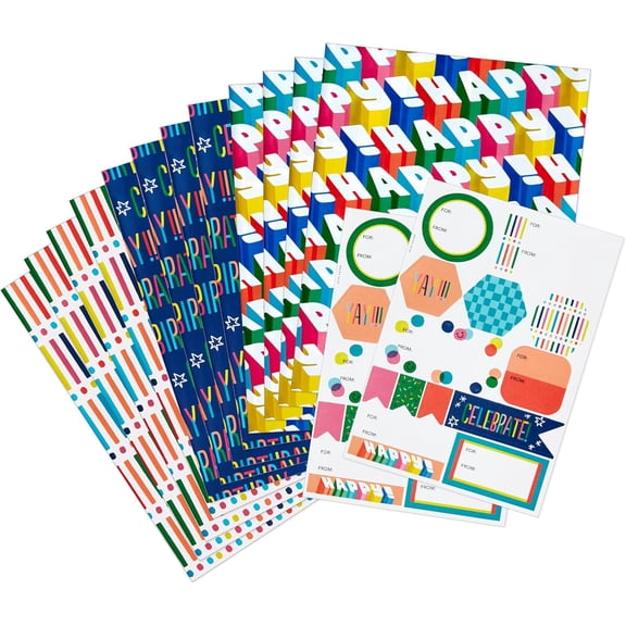 Reversible Flat Wrapping Paper Sheets (12 Folded Sheets with Sticker Seals) Rainbow Happy, Exclamation Points, Polka Dots, Confetti for Birthdays, Graduations, Celebrations