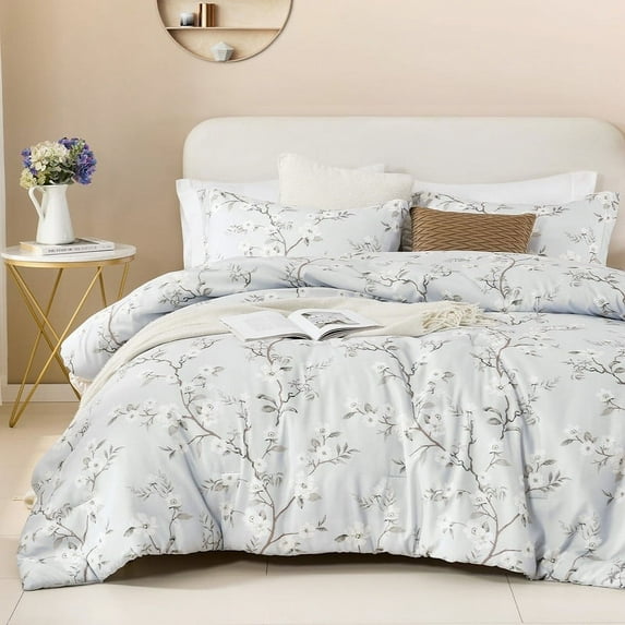 Reversible Floral King Comforter Sets, 3 Pieces Ultra Soft Bedding Sets with Pillow Shams, Gray & Blue
