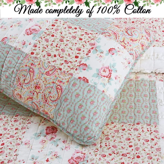 Reversible Floral Patchwork Quilt Bedding Set, 100% Cotton Shabby Chic Ruffled Coverlet with Sweet Roses, Coral Pink, Queen 3 Piece