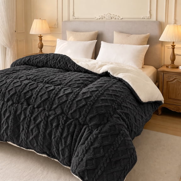 Reversible Fluffy Winter Quilt, Jacquard Plush Bed Quilt for Cold Weather, Cozy Bedding for Restful Sleep Dark gray Twin Size