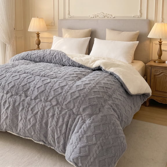 Reversible Fluffy Winter Quilt, Jacquard Plush Bed Quilt for Cold Weather, Cozy Bedding for Restful Sleep Gray Twin Size