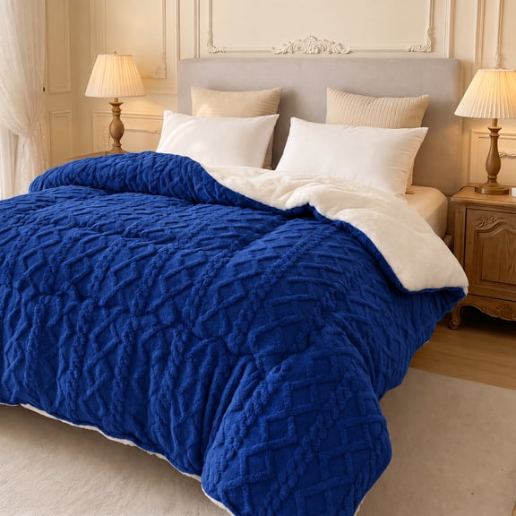 Reversible Fluffy Winter Quilt, Jacquard Plush Bed Quilt for Cold Weather, Cozy Bedding for Restful Sleep Navy blue Twin Size