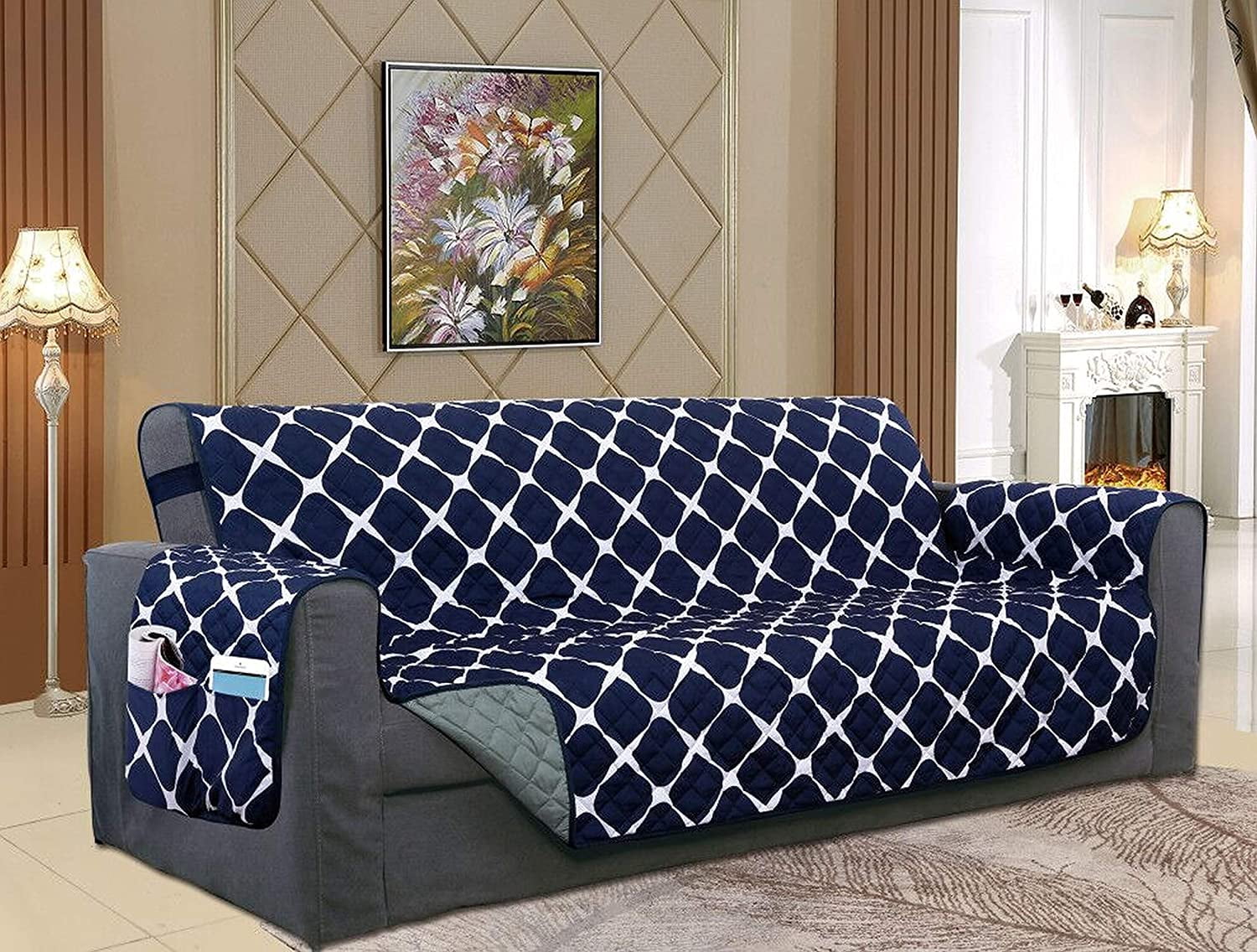 Reversible Furniture Protector For Pet Dog Children, Navy Blue Love Seat