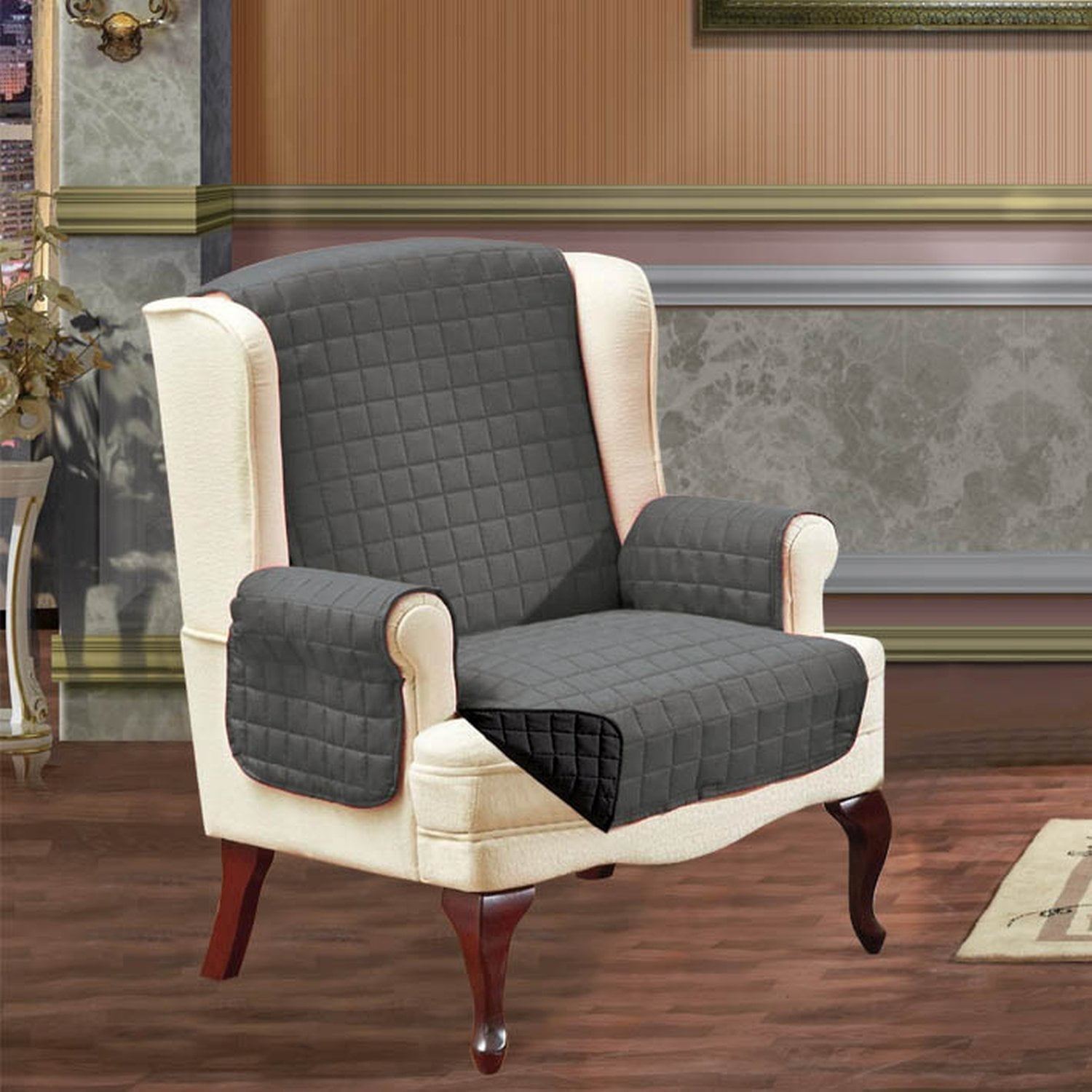 Reversible Furniture Protector Great for Pets and Children,Wing Chair Gray Black