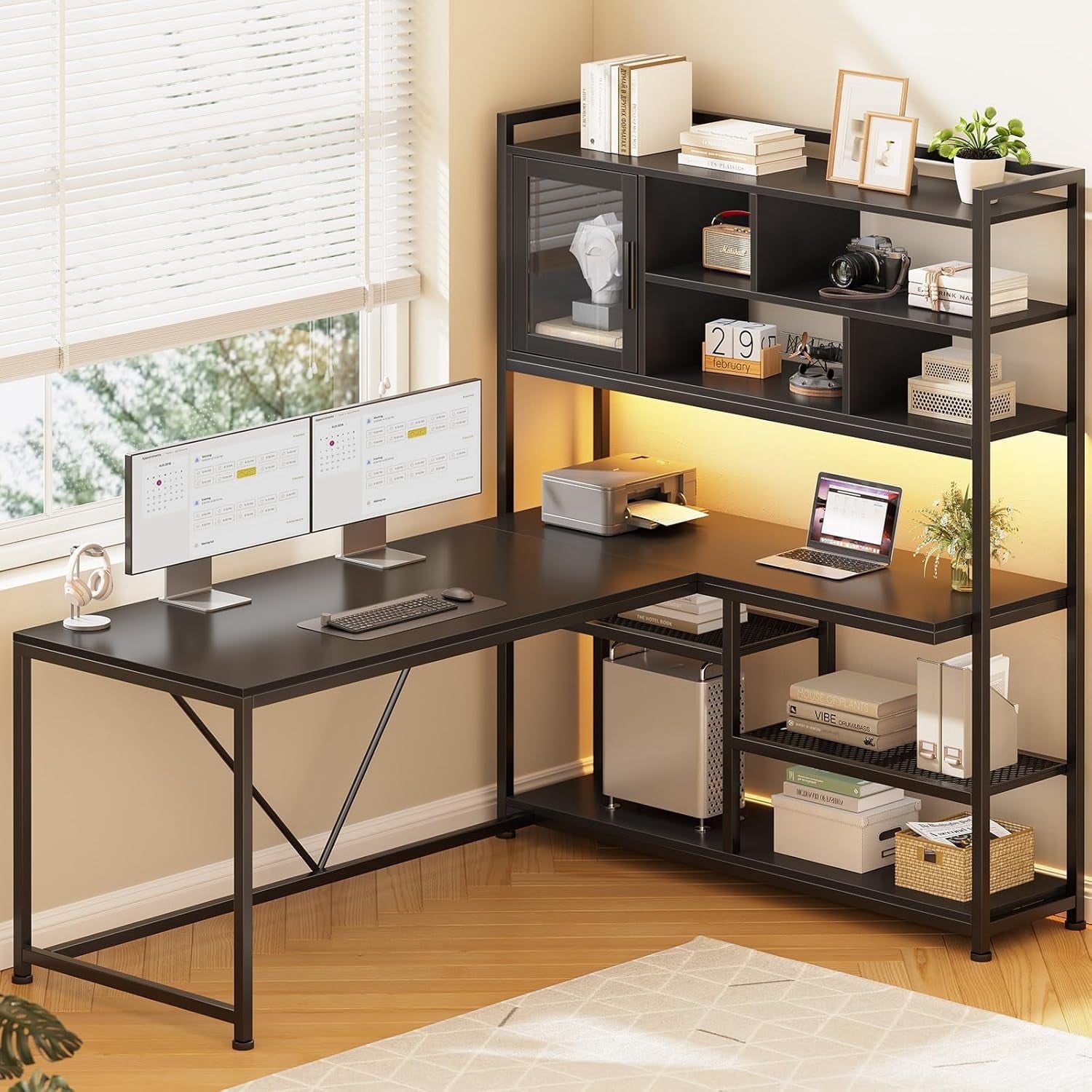 Sedeta L-Shaped Desk with LED Lights, Hutch, Reversible Corner