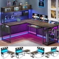 thumbnail image 1 of Reversible Gaming Desk with LED Lights & Power Strips, L-Shaped Computer Desk with Storage Shelves & Pegboard for Home Office, Dark Gray, 1 of 10