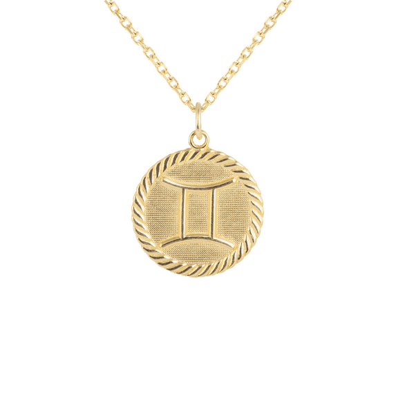 Reversible Gemini Zodiac Sign Charm Coin Pendant Necklace in Solid Gold (16 Inches)