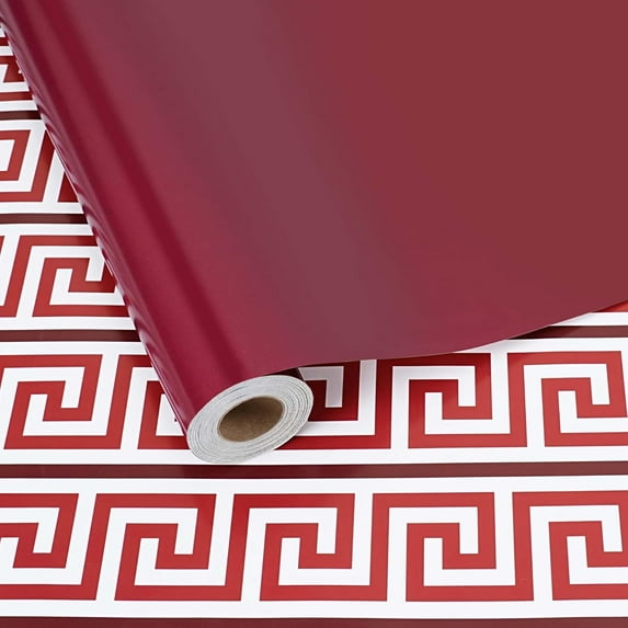 Reversible Geometric Wrapping Paper, 17 Inch x 33 Feet (47 sq.ft) Greek Key Pattern and Solid Red Design for Christmas, Holiday, Season Party Celebration