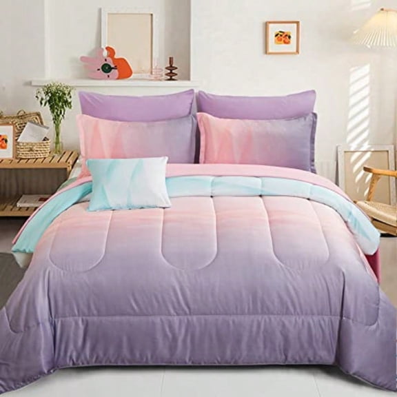 Reversible Girls Comforter Set Full Size Colorful Ombre Blue Pink Purple Rainbow Bedding Set 7 Pieces Bed in A Bag for Teen Girls Women 1 Comforter 1 Flat Sheet 1 Fitted Sheet