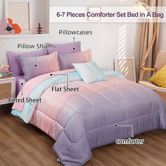 Reversible Girls Comforter Set Full Size Colorful Ombre Blue Pink  Rainbow Bedding Set 7 Pieces Bed in A Bag for Kids Teen Girls Women(1 Comforter, 1 Flat Sheet, 1 Fitted Sheet)