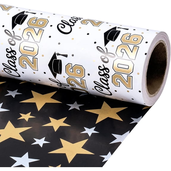 Reversible Graduation Wrapping Paper Roll, Mini Gold Class of 2026 Congrats Grad Design with Caps and Black Star Pattern, Foil Gift Wrap for Party, 17 Inch x 16.4 Feet
